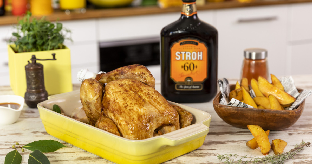 STROH Recipes: Roast chicken with potato wedges – Add a little STROH!